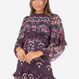Maya Berry Fully Embroidered Long Sleeve Maxi Dress with Frill Detail