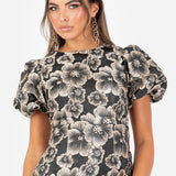 Maya Black & Gold Floral Jacquard Keyhole Back Mini Dress