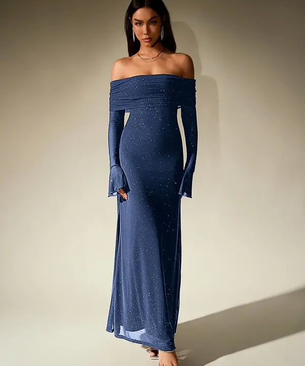 ANDREA™ - Women's Off-The-Shoulder Ruched Contrast Sequin Bodycon Dress