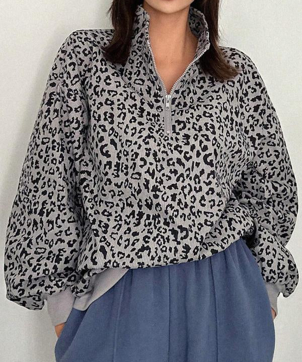 INGRID™ - Women’s Casual Zip-Up Front Leopard Print Sweatshirt Long Sleeve