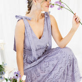 Maya Dusty Lavender Broderie V Neck Strappy Midi Dress with Tie Shoulders