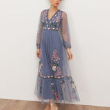 Maya Infinity Blue Embroidered Faux Wrap Maxi Sleeve Midaxi Dress