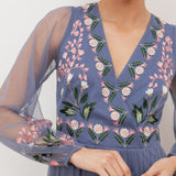 Maya Infinity Blue Embroidered Faux Wrap Maxi Sleeve Midaxi Dress