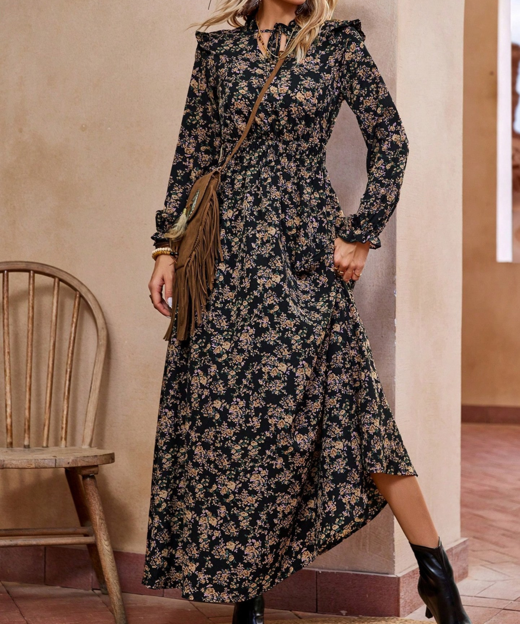 MOREN™ - Elegant Long Sleeve Floral Print A-Line Dress