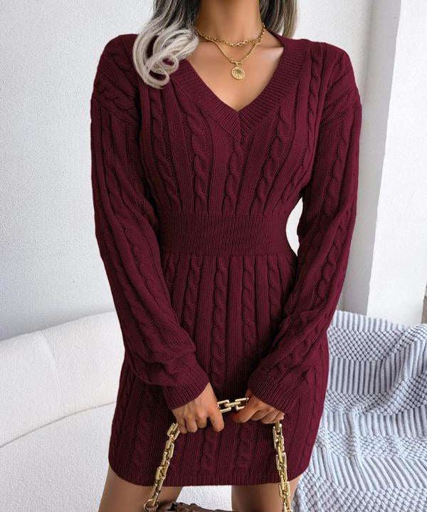 HOLLY™ - Cozy Long Sleeve V-Neck Cable Knit Sweater Dress