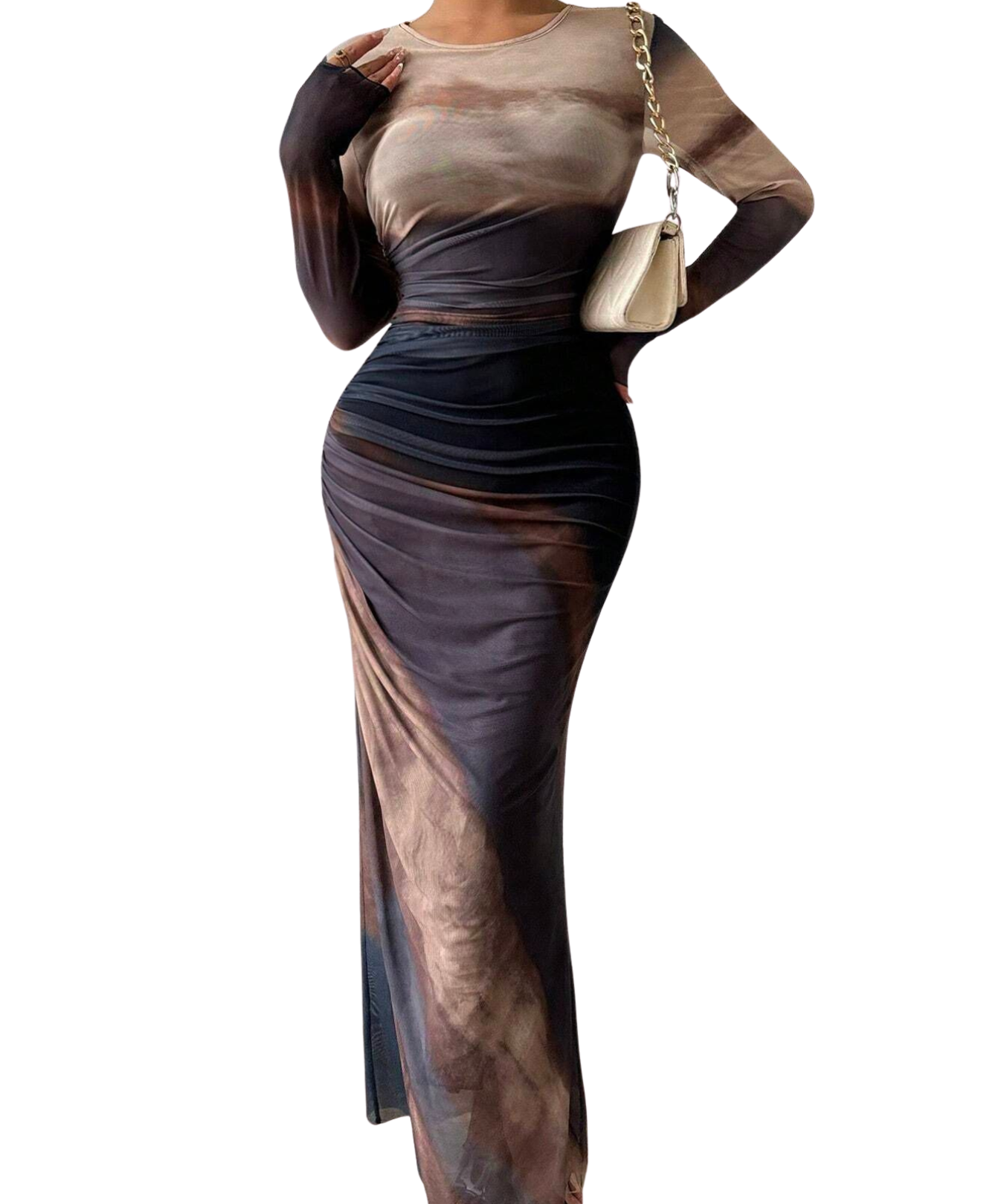 TESSIE™ - Women's All-Over Print Ruched Bodycon Dress Long Sleeve Round Neck Dress for Party
