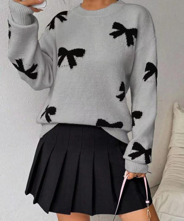FRANCES™ - Fashionable Bow Print O-Neck Knit Winter Sweater Pullover