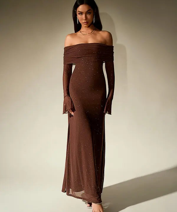 ANDREA™ - Women's Off-The-Shoulder Ruched Contrast Sequin Bodycon Dress