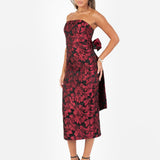 Maya Red Floral Jacquard Bandeau Midi Dress with Oversized Bow