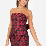 Maya Red Floral Jacquard Bandeau Midi Dress with Oversized Bow