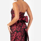 Maya Red Floral Jacquard Bandeau Midi Dress with Oversized Bow
