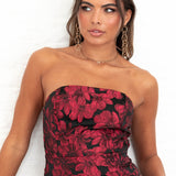 Maya Red Floral Jacquard Bandeau Midi Dress with Oversized Bow