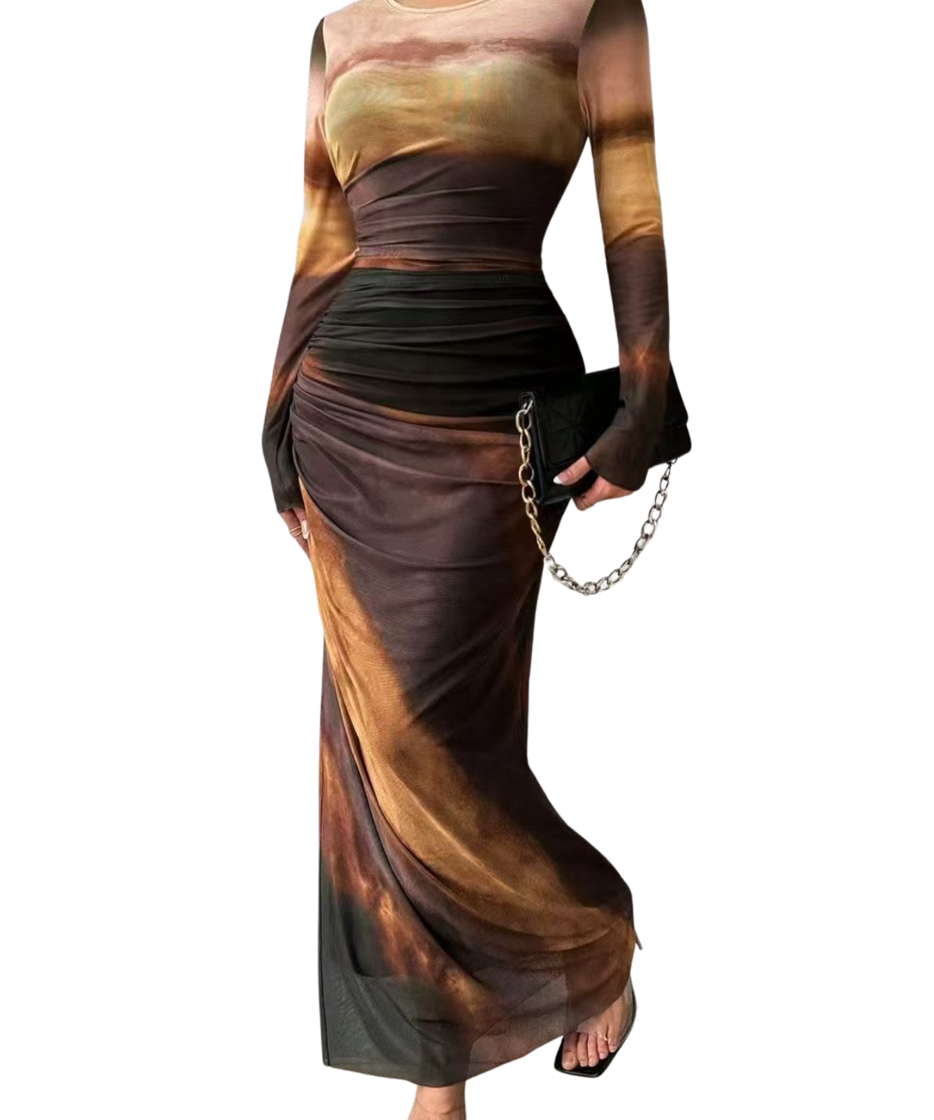 TESSIE™ - Women's All-Over Print Ruched Bodycon Dress Long Sleeve Round Neck Dress for Party