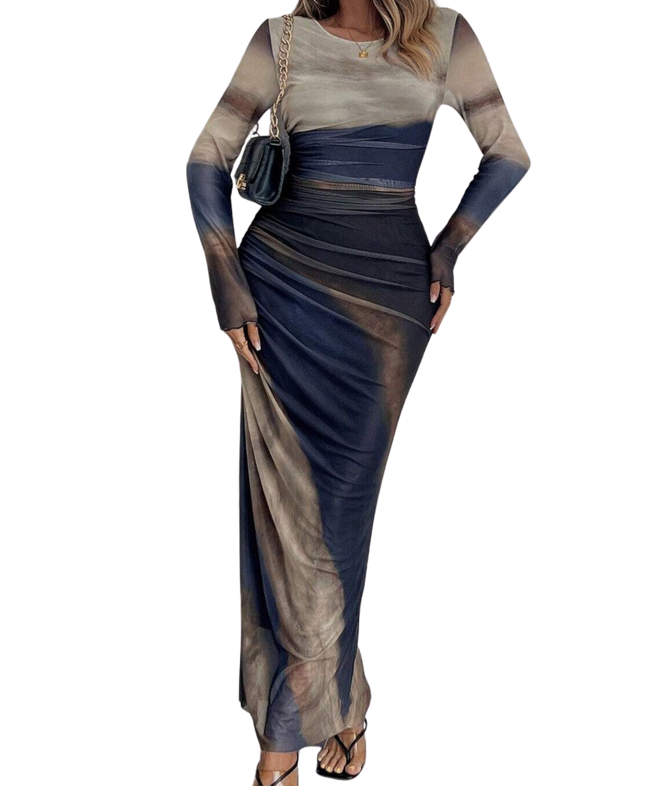 TESSIE™ - Women's All-Over Print Ruched Bodycon Dress Long Sleeve Round Neck Dress for Party