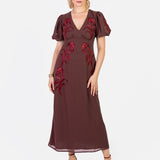 Maya Brown Embroidered Short Sleeve V Neck Midaxi Dress