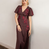 Maya Brown Embroidered Short Sleeve V Neck Midaxi Dress