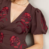 Maya Brown Embroidered Short Sleeve V Neck Midaxi Dress