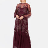 Maya Cranberry Floral Embellished Long Sleeve Trapeze Maxi Dress