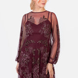 Maya Cranberry Floral Embellished Long Sleeve Trapeze Maxi Dress