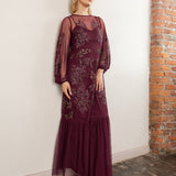 Maya Cranberry Floral Embellished Long Sleeve Trapeze Maxi Dress