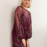 Maya Cranberry Floral Embellished Long Sleeve Trapeze Maxi Dress