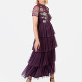 Maya Berry Embroidered Tiered Midaxi Dress