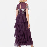 Maya Berry Embroidered Tiered Midaxi Dress