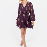 Maya Berry Leaf Embellished Long Sleeve V Neck Mini Dress