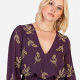 Maya Berry Leaf Embellished Long Sleeve V Neck Mini Dress