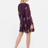Maya Berry Leaf Embellished Long Sleeve V Neck Mini Dress