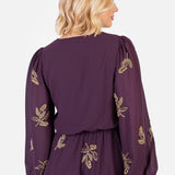 Maya Berry Leaf Embellished Long Sleeve V Neck Mini Dress