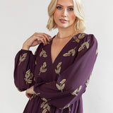 Maya Berry Leaf Embellished Long Sleeve V Neck Mini Dress
