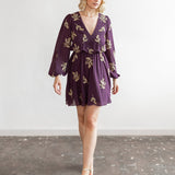 Maya Berry Leaf Embellished Long Sleeve V Neck Mini Dress