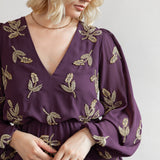 Maya Berry Leaf Embellished Long Sleeve V Neck Mini Dress