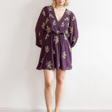 Maya Berry Leaf Embellished Long Sleeve V Neck Mini Dress
