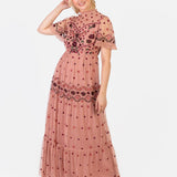 Maya Teraccotta Pink Floral Embroidered High Neck Maxi Dress