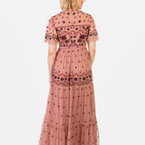 Maya Teraccotta Pink Floral Embroidered High Neck Maxi Dress