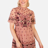 Maya Teraccotta Pink Floral Embroidered High Neck Maxi Dress