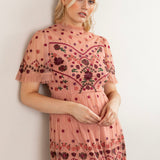 Maya Teraccotta Pink Floral Embroidered High Neck Maxi Dress