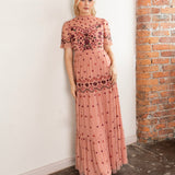 Maya Teraccotta Pink Floral Embroidered High Neck Maxi Dress