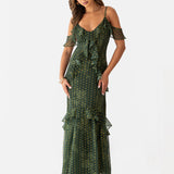 Anaya With Love Floral Green Cold Shoulder Maxi Dress with Metallic Detail