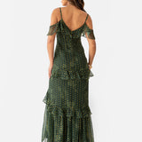 Anaya With Love Floral Green Cold Shoulder Maxi Dress with Metallic Detail