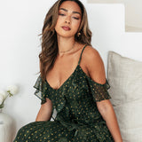 Anaya With Love Floral Green Cold Shoulder Maxi Dress with Metallic Detail