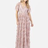 Maya Frosted Pink Fully Embellished Short Sleeve V Neck Ruffle Maxi Dress