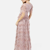 Maya Frosted Pink Fully Embellished Short Sleeve V Neck Ruffle Maxi Dress