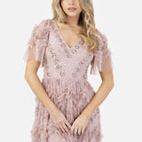 Maya Frosted Pink Fully Embellished Short Sleeve V Neck Ruffle Maxi Dress