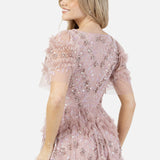 Maya Frosted Pink Fully Embellished Short Sleeve V Neck Ruffle Maxi Dress