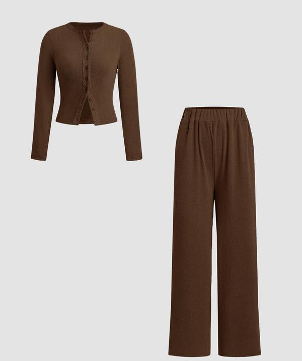 FLORLIE™ - Women’s Ribbed Crop Top & Elastic Waist Pants Casual Set