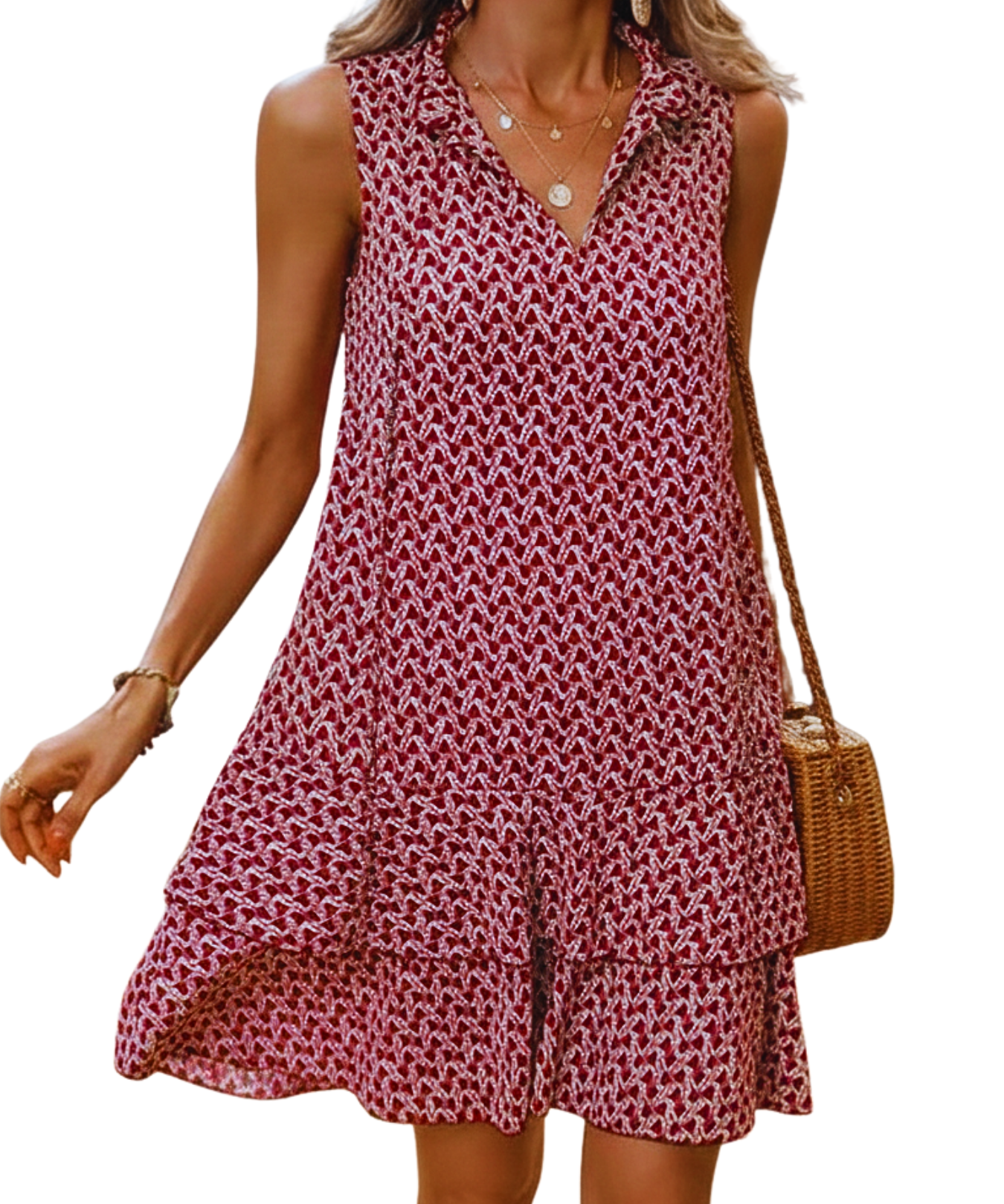 DORA™ - Women’s Geometric Print Bow Dress Casual Fitted Woven Dress with Multi-Layer Cake Skirt
