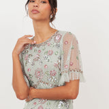 Maya Sage Green Embellished Short Sleeve Spot Mesh Maxi Dress
